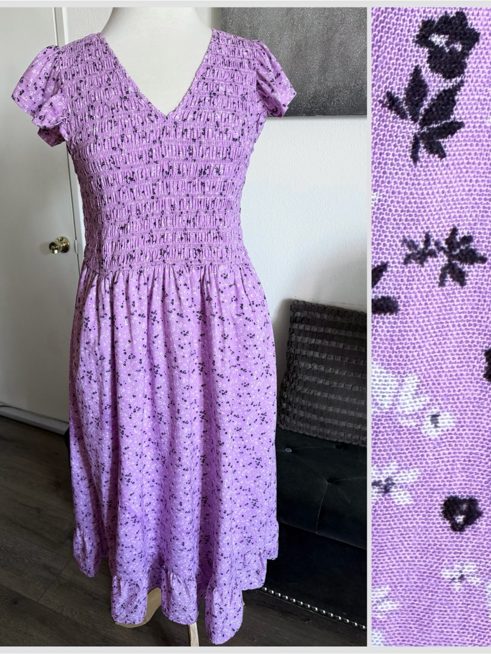 ON 34th Lavender Smocked Midi Dress Floral Cottagecore Lined S